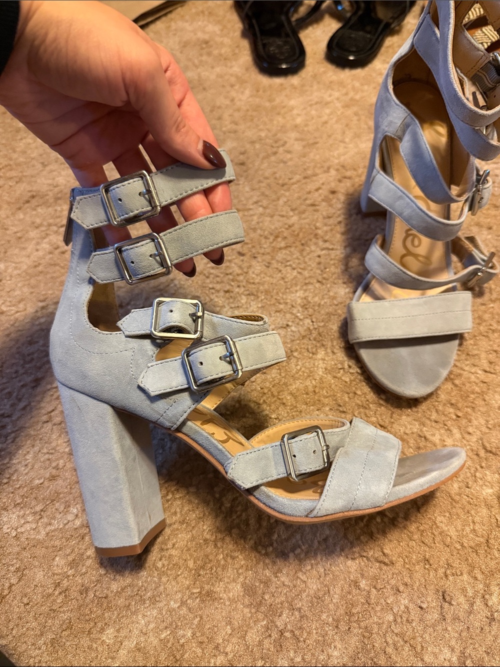 Sam Edelman Light Blue Multi-Buckle Block Heel Sandals